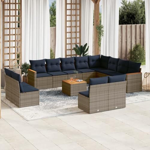 Qnhdfrt 13-teiliges Gartensofa-Set Polyrattan in Grau mit Akazienholztisch 55x55 cm klappbar modular UV-beständig platzsparend für Balkon Terrasse und Garten von Qnhdfrt