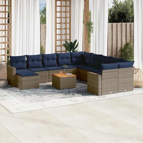 Qnhdfrt 14-TLG Gartensofa Set grau Polyrattan mit Akazienholztisch Sitzgruppe modular gepolstert für Garten Balkon Terrasse von Qnhdfrt
