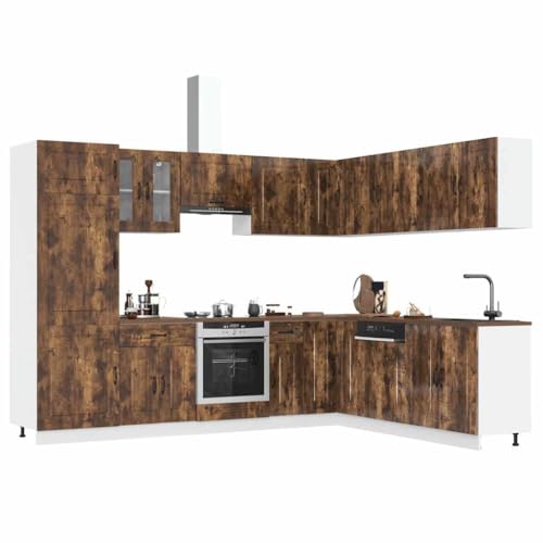 Qnhdfrt 14-TLG Küchenschrank Set Kalmar Räuchereiche Holzwerkstoff und Glas für Küchen mit viel Stauraum verstellbaren Füßen und leicht zu reinigender Oberfläche von Qnhdfrt