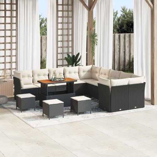 Qnhdfrt 14 teiliges Garten Sofa Set aus schwarzem Poly Rattan mit cremefarbenen Kissen für 8 Personen modernes Design robust und pflegeleicht für Terrasse Balkon und Garten von Qnhdfrt