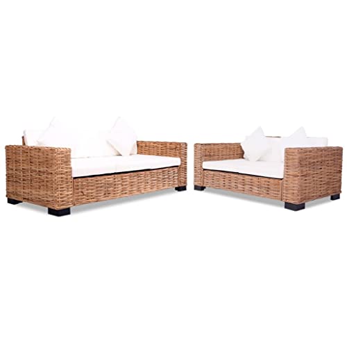 Qnhdfrt 15-TLG Natur Rattan Sofa-Set 2-Sitzer und 3-Sitzer mit Cremeweißen Kissen für Wohnzimmer Balkon Loungebereich Robustes Design von Qnhdfrt