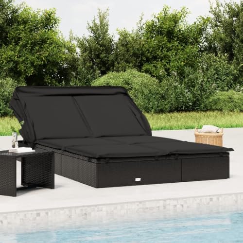 Qnhdfrt 2-Personen Sonnenliege mit faltbarem Dach PE-Rattan Schwarz Outdoor Garten Camping Balkon Relaxliege stabil und langlebig von Qnhdfrt
