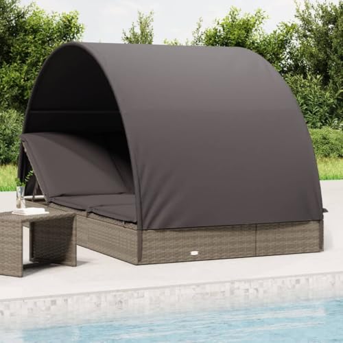 Qnhdfrt 2-Personen Sonnenliege mit rundem Dach PE-Rattan Grau Gartenliege Campingstuhl Strandliege für Balkon Pool und Outdoor von Qnhdfrt