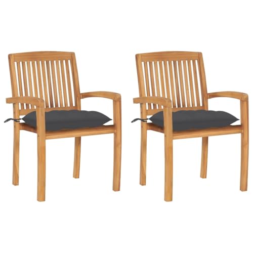 Qnhdfrt 2 STK. Gartenstühle mit Anthrazit Kissen aus Massivholz Teak - Stapelbare Outdoor Stühle Robust und Langlebig für Garten Terrasse Balkon von Qnhdfrt