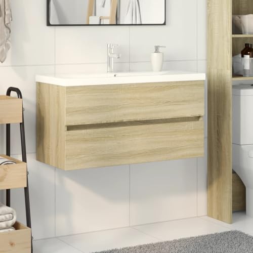 Qnhdfrt 2-TLG Badezimmerschrank Set mit Keramik-Waschbecken 90x38x45 cm Sonoma Eiche Weiß Wasserhahn & Pop-Up Ablauf Modernes Wand-Badmöbel platzsparend für kleines Gäste-WC von Qnhdfrt