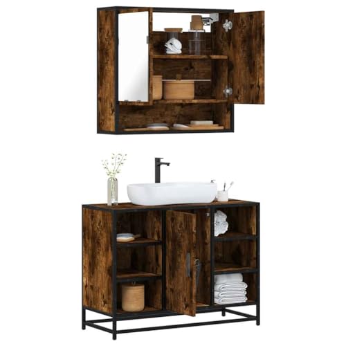 Qnhdfrt 2-TLG Badmöbel Set Räuchereiche Holzwerkstoff 80 cm Waschbeckenunterschrank mit 65 cm Spiegelschrank Metallrahmen Robust und Langlebig Modernes Design für Bad Gäste WC und kleine Räume von Qnhdfrt