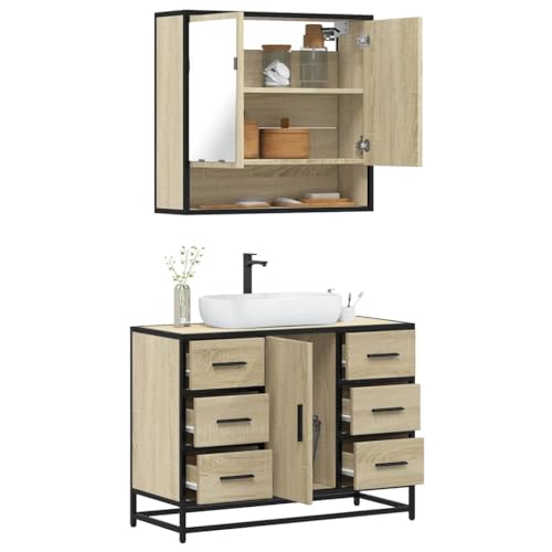 Qnhdfrt 2-TLG Badmöbel Set Sonoma Eiche Holzwerkstoff mit Metallgestell Waschbeckenunterschrank 80x33x60 cm & Spiegelschrank 65x20x60 cm Modernes Badschrank Komplettset für kleines Gäste WC Qnhdfrt 2-TLG Badmöbel Set Sonoma Eiche Holzwerkstoff mit Metallgestell Waschbeckenunterschrank 80x33x60 cm & Spiegelschrank 65x20x60 cm Modernes Badschrank Komplettset für kleines Gäste WC von Qnhdfrt