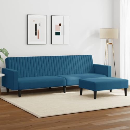 Qnhdfrt 2-TLG Schlafsofa Blau Samt mit Ausziehbett und Fußhocker Kleines Sofa für Wohnzimmer Jugendzimmer oder Balkon Modern Bequem Kompakt von Qnhdfrt