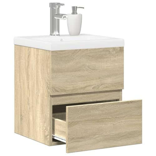 Qnhdfrt 2-TLG. Badmöbel-Set mit Keramik-Waschbecken und Holzwerkstoff-Schrank in Sonoma-Eiche Schmal Klein 41x38.5x45 cm für Badezimmer mit praktischem Stauraum Wandmontage von Qnhdfrt