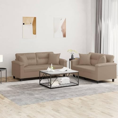 Qnhdfrt 2-TLG. Sofagarnitur Kunstleder Cappuccino-Braun mit Kissen Bequeme Zweisitzer für Wohnzimmer 120cm und 140cm Robust und Langlebig von Qnhdfrt