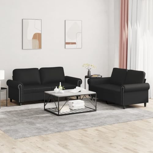 Qnhdfrt 2-TLG. Sofagarnitur Schwarz Kunstleder mit Kissen, Zweisitzer Sofa Set für Wohnzimmer, Bequemes Sitzgefühl und Robuste Konstruktion von Qnhdfrt