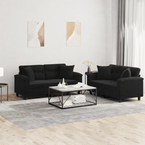 Qnhdfrt 2-TLG. Sofagarnitur Schwarz Mikrofasergewebe mit Kissen 2X Zweisitzer Sofa Set für Wohnzimmer Loungebereich Robust und Bequem von Qnhdfrt
