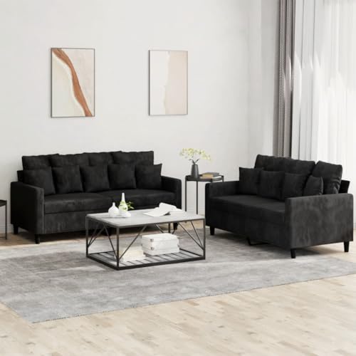 Qnhdfrt 2-TLG. Sofagarnitur Schwarz Samt mit Kissen - Bequemes 2-Sitzer Sofa Set mit Robustem Gestell für Wohnzimmer Entspannung von Qnhdfrt