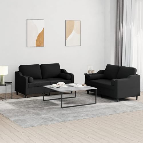 Qnhdfrt 2-TLG. Sofagarnitur Schwarz Stoff mit Rollkissen 2-Sitzer Sofa Set in 120cm oder 140cm Robust Bequem für Wohnzimmer Balkon Lounge von Qnhdfrt
