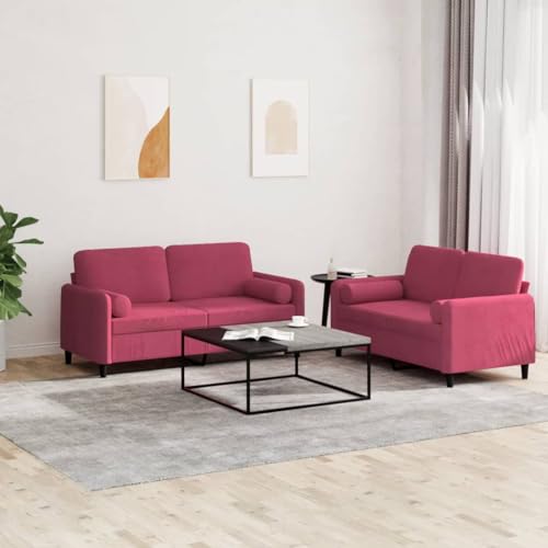 Qnhdfrt 2-TLG. Sofagarnitur mit Kissen in Weinrot Samt - Bequemes 2-Sitzer Sofa Couch Set für Wohnzimmer und kleine Räume, Größen 120cm und 140cm mit robustem Gestell von Qnhdfrt