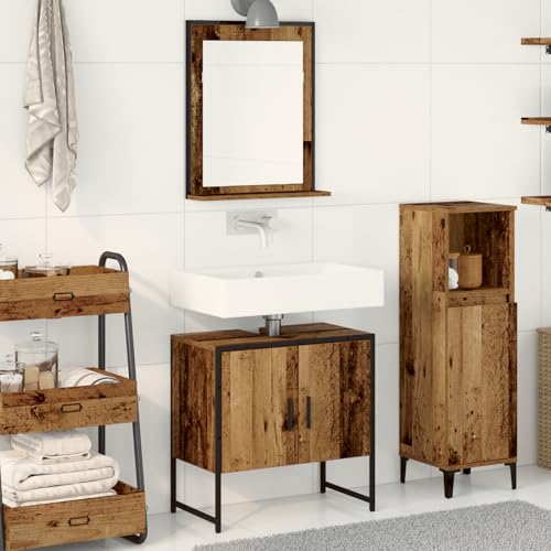 Qnhdfrt 2-teiliger Badschrank Set aus Altholz mit Spiegel Braun Rechteckig Schmal Moderner Wandschrank für Badezimmer Stauraum Lösung von Qnhdfrt