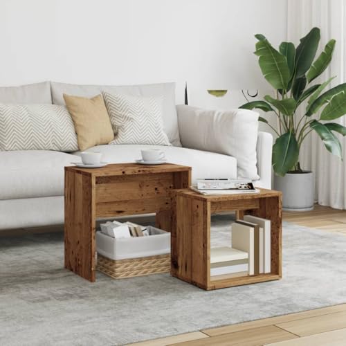 Qnhdfrt 2er Satztisch-Set Altholz-Optik Holzwerkstoff Beistelltisch Couchtisch Nachttisch mit 2 Größen (48x30x45cm & 37x29x36cm) für kleine Räume Wohnzimmer Schlafzimmer Büro von Qnhdfrt