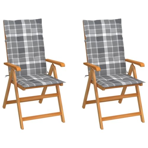Qnhdfrt 2er Set Klappbarer Gartenstuhl aus Teakholz mit 7-Fach Verstellbarer Rückenlehne und grauem Karokissen 57x71,5x100 cm Robustes Outdoor-Möbel für Balkon Terrasse Garten von Qnhdfrt