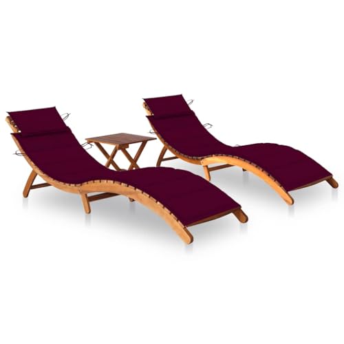 Qnhdfrt 2er-Set Sonnenliegen aus Massivholz mit Tisch und weinroten Auflagen – Klappbare Gartenliegen für Terrasse, Pool und Balkon von Qnhdfrt
