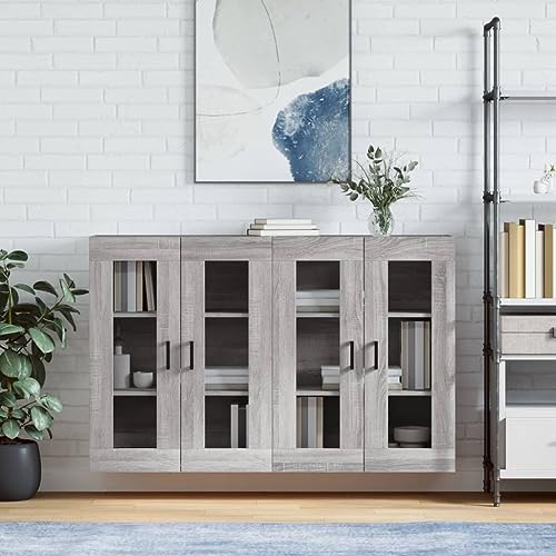 Qnhdfrt 2er Set Wandschrank Grau Sonoma Holzwerkstoff mit Glastüren 69,5x34x90cm Hängeschrank Stauraum für Küche Wohnzimmer Flur von Qnhdfrt