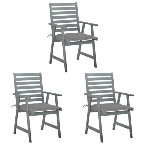 Qnhdfrt 3 Gartenstühle mit Kissen Massivholz Akazie Grau Set für Garten Terrasse Balkon Outdoor Modernes Design Robust und Langlebig von Qnhdfrt