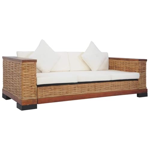 Qnhdfrt 3-Sitzer Sofa Braun Natürliches Rattan mit Cremeweißen Kissen, Stabiles Mangoholz Gestell, Bequeme Polster für Wohnzimmer von Qnhdfrt
