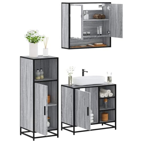 Qnhdfrt 3-TLG Badmöbel-Set Grau Sonoma Holzwerkstoff 65x60 cm mit Metallrahmen und Spiegelschrank Modernes Design Robust und Langlebig für Badezimmer Gäste-WC und Flur Qnhdfrt 3-TLG Badmöbel-Set Grau Sonoma Holzwerkstoff 65x60 cm mit Metallrahmen und Spiegelschrank Modernes Design Robust und Langlebig für Badezimmer Gäste-WC und Flur von Qnhdfrt