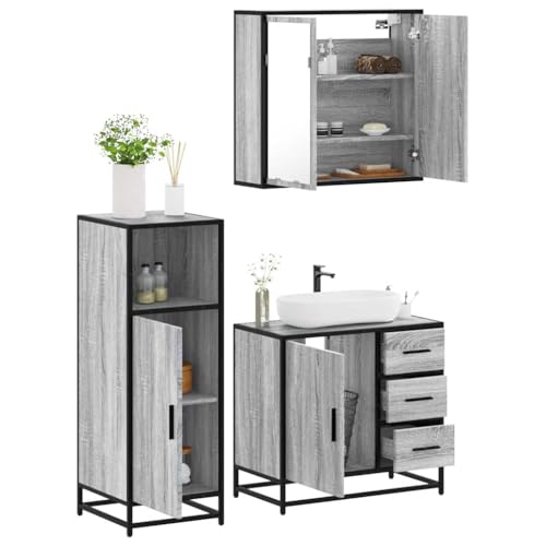Qnhdfrt 3-TLG Badmöbel-Set Grau Sonoma aus Holzwerkstoff Metall Glas Badezimmerschrank Spiegelschrank Waschbeckenunterschrank mit großzügigem Stauraum für Badezimmer Qnhdfrt 3-TLG Badmöbel-Set Grau Sonoma aus Holzwerkstoff Metall Glas Badezimmerschrank Spiegelschrank Waschbeckenunterschrank mit großzügigem Stauraum für Badezimmer von Qnhdfrt