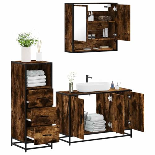 Qnhdfrt 3-TLG Badmöbel Set Räuchereiche Holzwerkstoff Metallrahmen Moderne Waschtischunterschrank mit Badezimmerschrank Spiegelschrank 90x60x100 cm großer Stauraum für kleines Bad Gäste WC Qnhdfrt 3-TLG Badmöbel Set Räuchereiche Holzwerkstoff Metallrahmen Moderne Waschtischunterschrank mit Badezimmerschrank Spiegelschrank 90x60x100 cm großer Stauraum für kleines Bad Gäste WC von Qnhdfrt