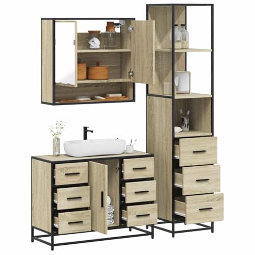 Qnhdfrt 3-TLG Badmöbel-Set Sonoma-Eiche Holzwerkstoff 80x33x60 cm Waschbeckenunterschrank mit Spiegelschrank und Hochschrank Modernes Design robust für kleine Badezimmer und Gäste-WC Qnhdfrt 3-TLG Badmöbel-Set Sonoma-Eiche Holzwerkstoff 80x33x60 cm Waschbeckenunterschrank mit Spiegelschrank und Hochschrank Modernes Design robust für kleine Badezimmer und Gäste-WC von Qnhdfrt