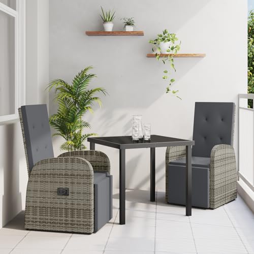 Qnhdfrt 3-TLG Garten Lounge Set Grau Poly Rattan mit Kissen – Verstellbare Stühle und Tisch für Outdoor Entspannung auf Terrasse oder Balkon, Modernes Design Komfortabel von Qnhdfrt