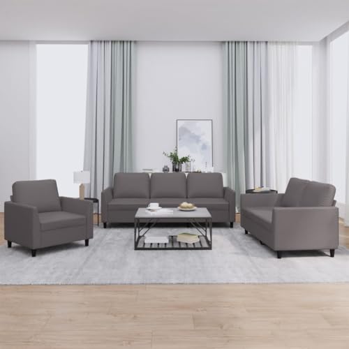 Qnhdfrt 3-TLG Sofagarnitur Grau Kunstleder mit Kissen – Bequemes Sofa Set für Wohnzimmer, Lounge Couch und Sessel Kombination Robust und Langlebig von Qnhdfrt