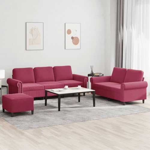Qnhdfrt 3-TLG Sofagarnitur Weinrot Samt mit Fußhocker Bequemes Sofa Set für Wohnzimmer Loungebereich Weicher Stoff und robuste Konstruktion von Qnhdfrt