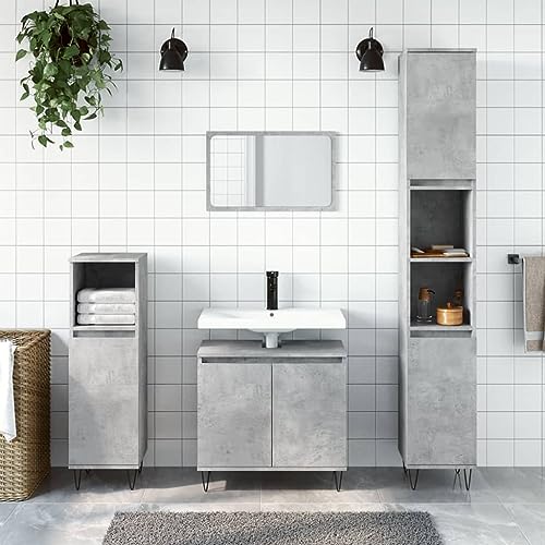Qnhdfrt 3-TLG. Badmöbel-Set Betongrau aus Holzwerkstoff und Metall mit Metallfüßen – Waschbeckenunterschrank und Standschränke für großzügigen Stauraum im Badezimmer modernes Design platzsparend von Qnhdfrt