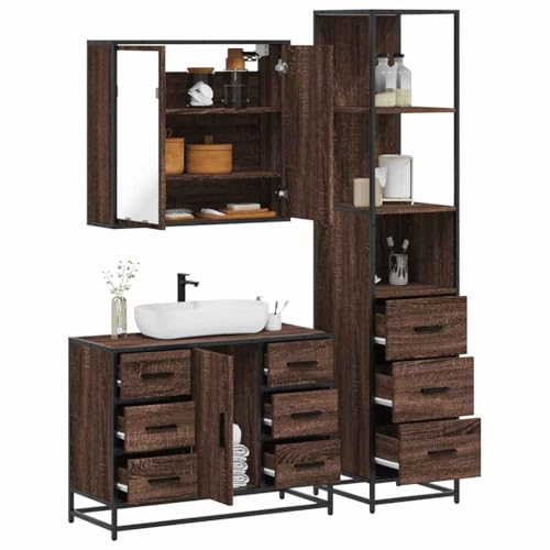 Qnhdfrt 3-TLG. Badmöbel-Set Braun Eichen-Optik Holzwerkstoff und Metall mit Spiegelschrank Waschbeckenunterschrank Badschrank für platzsparende Badezimmer-Einrichtung Robust und Stilvoll Qnhdfrt 3-TLG. Badmöbel-Set Braun Eichen-Optik Holzwerkstoff und Metall mit Spiegelschrank Waschbeckenunterschrank Badschrank für platzsparende Badezimmer-Einrichtung Robust und Stilvoll von Qnhdfrt