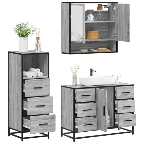 Qnhdfrt 3-TLG. Badmöbel Set Grau Sonoma Badschrank mit Spiegelschrank Waschbeckenunterschrank 80 cm Holzwerkstoff Metall Glas Modern & Robust für Badezimmer Gäste-WC von Qnhdfrt
