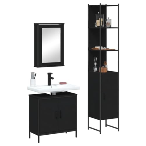 Qnhdfrt 3-TLG. Badmöbel-Set Schwarz aus Holzwerkstoff – Badezimmerschrank Set mit Spiegelschrank und Waschbeckenunterschrank – Platzsparendes Design viel Stauraum für kleine Badezimmer Qnhdfrt 3-TLG. Badmöbel-Set Schwarz aus Holzwerkstoff – Badezimmerschrank Set mit Spiegelschrank und Waschbeckenunterschrank – Platzsparendes Design viel Stauraum für kleine Badezimmer von Qnhdfrt