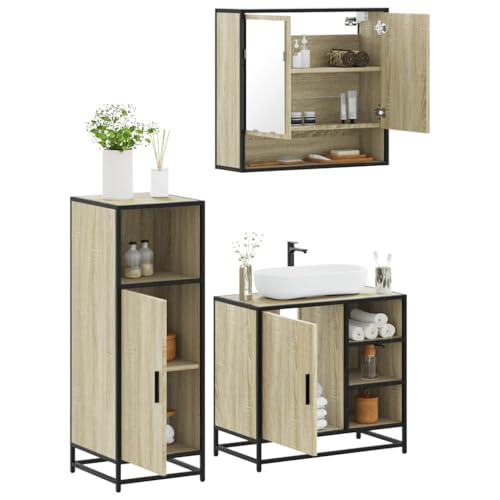 Qnhdfrt 3-TLG. Badmöbel-Set Sonoma-Eiche mit Spiegelschrank Waschbeckenunterschrank und Schrank Holzwerkstoff Metall Glas für Badezimmer Organisation Stauraum von Qnhdfrt