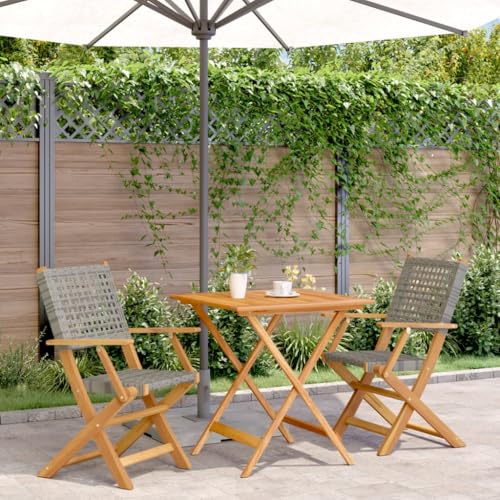 Qnhdfrt 3-TLG. Bistro Set Grau Poly Rattan und Massivholz Klappbarer Gartentisch mit 2 Stühlen 70 x 70 cm für Balkon Garten und Terrasse von Qnhdfrt