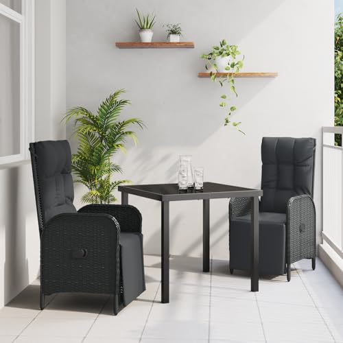 Qnhdfrt 3-TLG. Gartenstühle Set Schwarz Poly Rattan mit Kissen für Garten Terrasse Balkon – Verstellbare Outdoor Liegestühle und Tisch, Robust und Wetterbeständig von Qnhdfrt