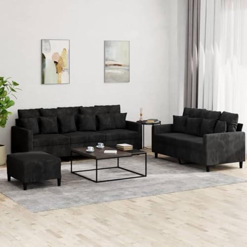 Qnhdfrt 3-TLG. Sofa Garnitur Schwarz Samt mit Kissen 2-Sitzer und 3-Sitzer Couch Set inklusive Fußhocker für Wohnzimmer Lounge Bereich Modernes Design Robust und Bequem mit weicher Polsterung von Qnhdfrt