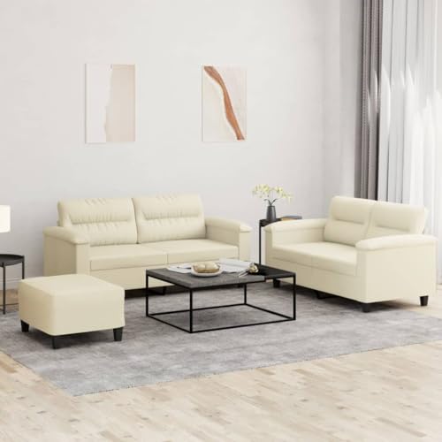 Qnhdfrt 3-TLG. Sofagarnitur Creme Kunstleder mit Kissen, 2 Zweisitzer Sofas (120cm & 140cm) und Fußhocker, Robustes Design für Bequemes Wohnzimmer oder Essbereich von Qnhdfrt