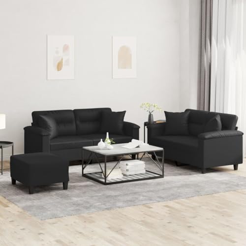 Qnhdfrt 3-TLG. Sofagarnitur Schwarz Kunstleder mit Kissen und Fußhocker - Zweisitzer Sofa Set für Wohnzimmer, Bequemes Couch Design mit Robustem Gestell und Pflegeleichtem Material von Qnhdfrt