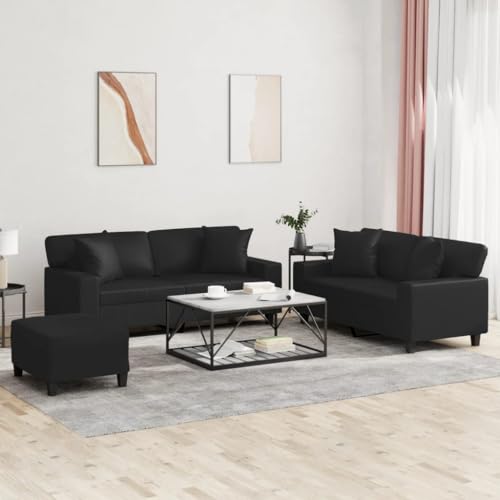 Qnhdfrt 3-TLG. Sofagarnitur Schwarz Kunstleder mit Kissen und Hocker – Zweisitzer Sofas für Wohnzimmer Balkon Lounge Komfortables Design Robust und Stabil von Qnhdfrt