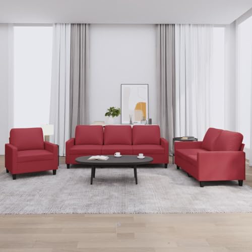 Qnhdfrt 3-TLG. Sofagarnitur Set in Weinrot Kunstleder mit Kissen - Modernes Design, Robust und Bequem für Wohnzimmer oder Loungebereich von Qnhdfrt