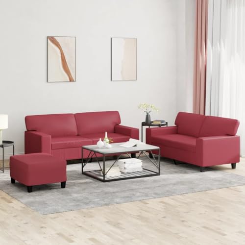 Qnhdfrt 3-TLG. Sofagarnitur in Weinrot aus Kunstleder mit Zwei 2-Sitzer Sofas und Fußhocker – Bequemes und Robustes Sitzmöbel für Wohnzimmer, Lounge oder Essbereich von Qnhdfrt