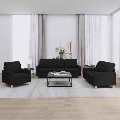 Qnhdfrt 3-TLG. Sofagarnitur mit 6 Kissen Schwarz Stoff Sessel 2-Sitzer und 3-Sitzer Sofa Set für Wohnzimmer Modernes Design Robust und Bequem von Qnhdfrt