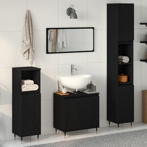 Qnhdfrt 3-teiliges Badezimmermöbel Set Schwarz Eiche aus Holzwerkstoff Rechteckig mit 5 Türen Modernes Design für Praktische Aufbewahrung im Bad von Qnhdfrt
