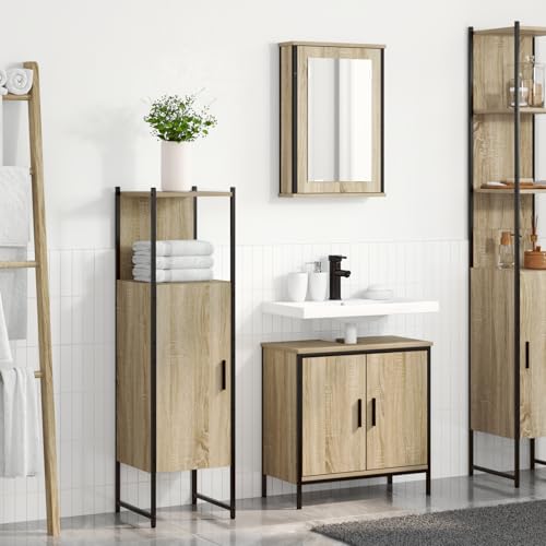 Qnhdfrt 3-teiliges Badezimmermöbel Set Sonoma Eiche Holzwerkstoff Braun Rechteckig Wandmontiert für Platzsparendes Badezimmer mit Waschtisch Schrank und Spiegel Modernes Design von Qnhdfrt