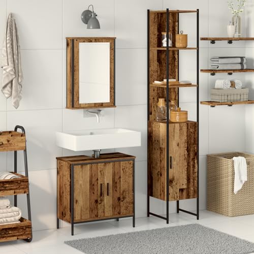 Qnhdfrt 3-teiliges Badezimmermöbel-Set aus Massivholz Altholz Braun Rechteckig Rustikales Design mit 6 Türen und Wandspiegel für Badezimmer Aufbewahrung von Qnhdfrt